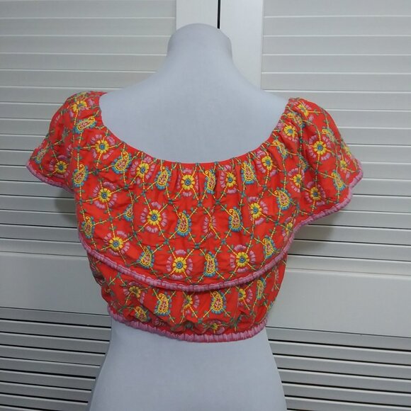 Topshop Cropped Peasant Top Fully Embroidered Orange Floral Womens 6 NEW - Picture 7 of 8